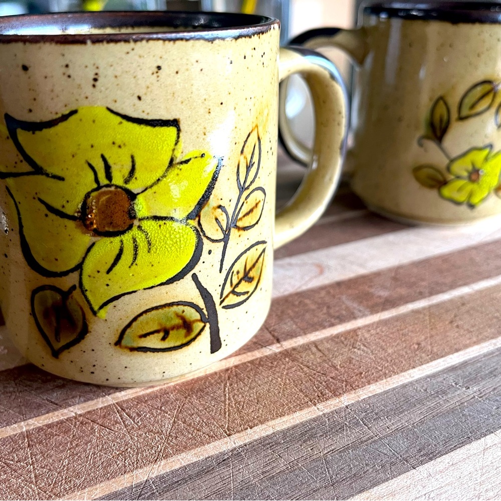 Brown Speckled Glaze Stoneware Floral Mug - Stoneware-MCM-1970s-Vintage